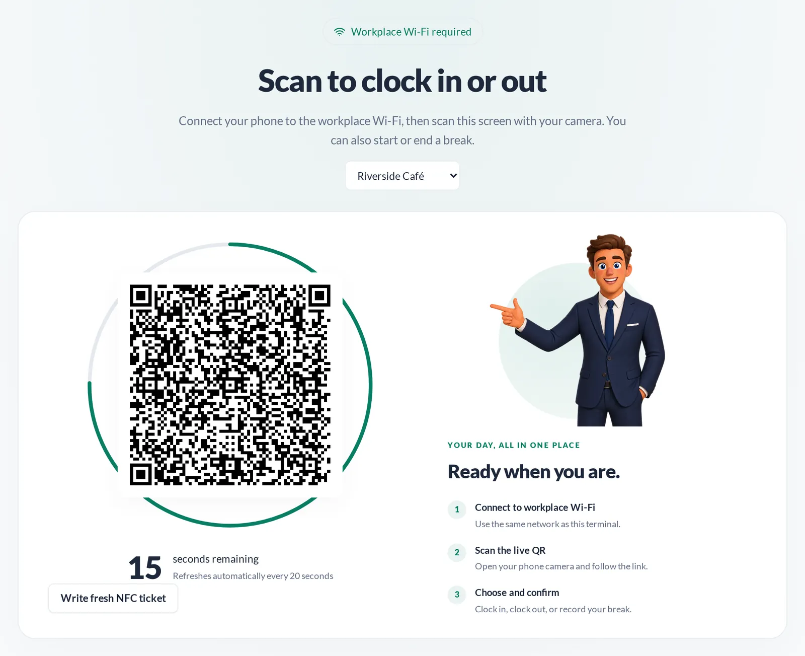 ShiftForest workplace terminal: Workplace Wi-Fi required, Scan to clock in or out, a QR code inside a countdown ring and three steps