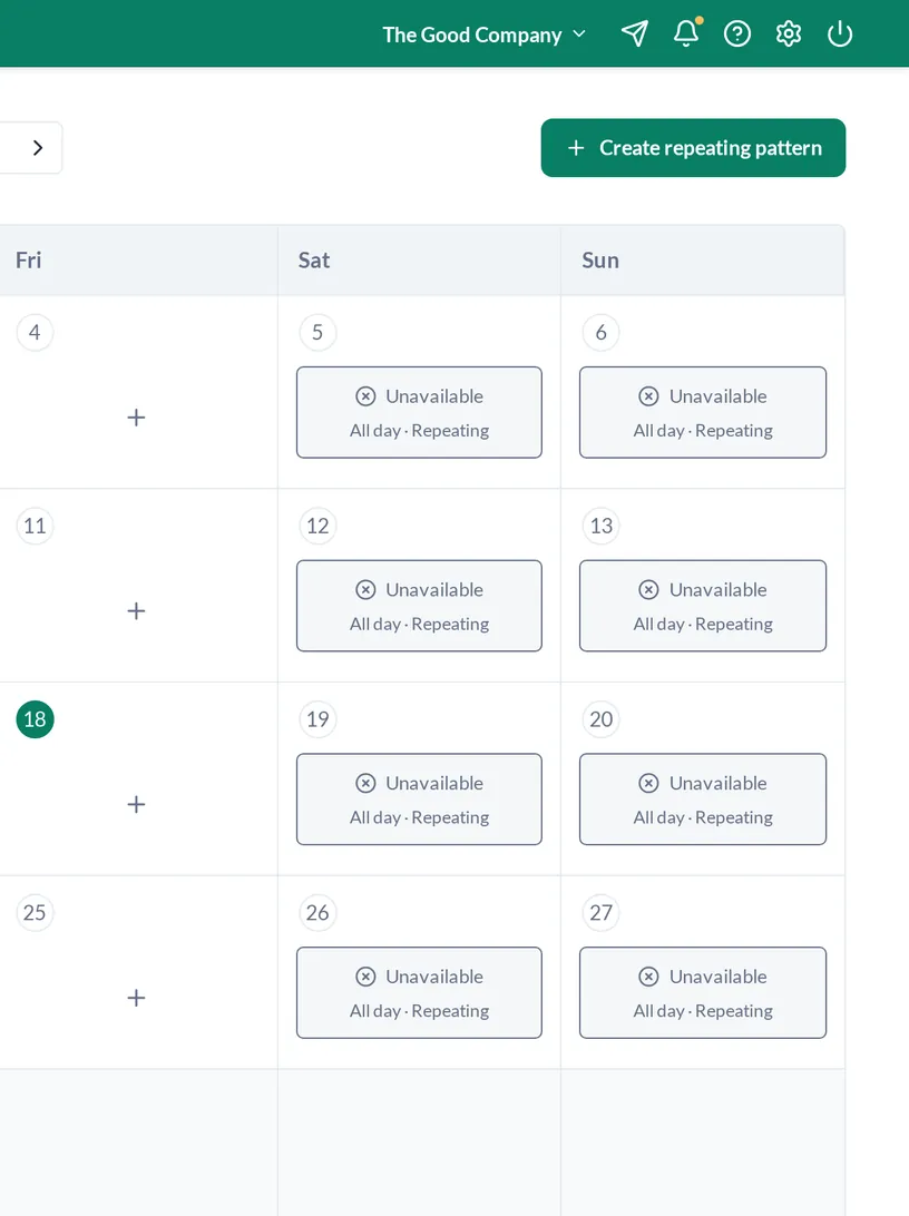 Monthly availability calendar in ShiftForest with weekends marked unavailable