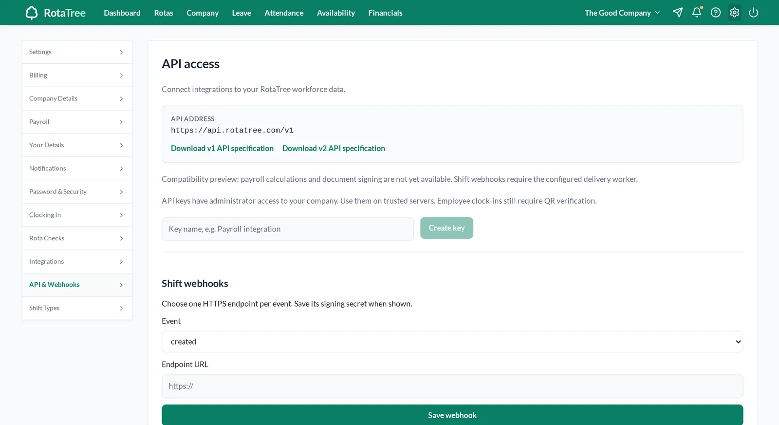 ShiftForest API access settings with the API address, a Create key form and shift webhook settings