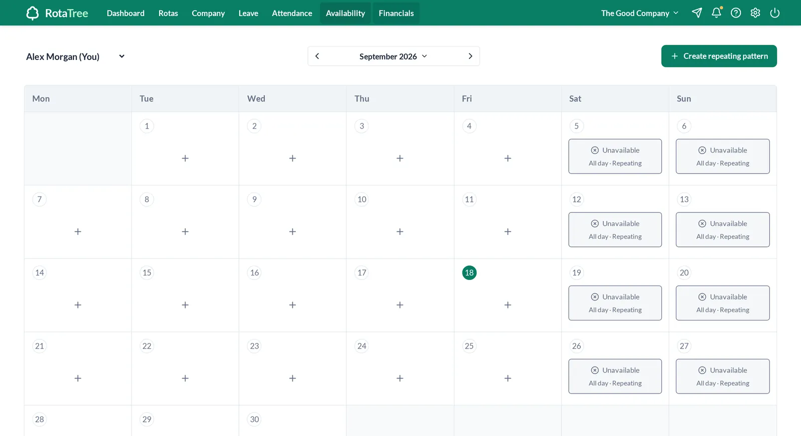 ShiftForest monthly availability calendar for one employee, with weekends marked unavailable